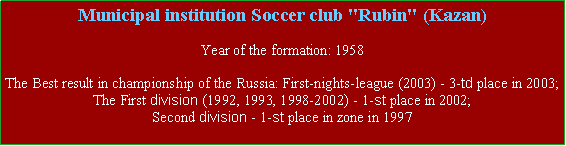 Подпись: Municipal institution Soccer club "Rubin" (Kazan)Year of the formation: 1958The Best result in championship of the Russia: First-nights-league (2003) - 3-td place in 2003;The First division (1992, 1993, 1998-2002) - 1-st place in 2002;Second division - 1-st place in zone in 1997